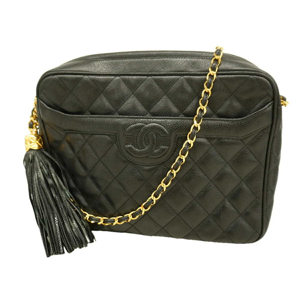 Chanel Matelassé Shoulder Bag with Chain Strap, Caviar Leather, Black, Women's